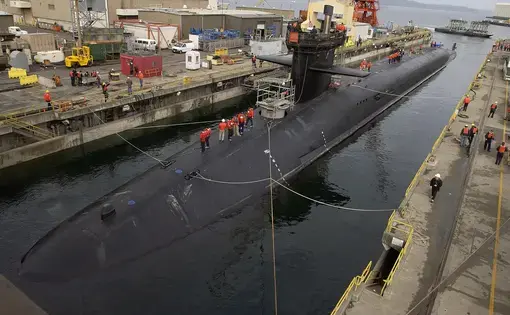The USS Michigan, a Trident class nuclear submarine, in for repairs at the naval yards in Washington. Image by U.S. Navy. USA, 2002.