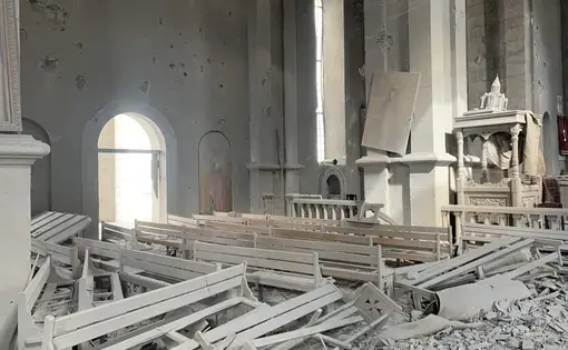 The Ghazanchetsots Cathedral in Shushi, which was hit twice with precision strikes that injured a journalist and several others. Image by Simon Ostrovsky/Newlines. Nagorno-Karabakh, 2020.
