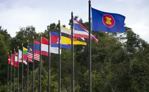 Flags of ASEAN countries. Image by&nbsp;Tawin Mukdharakosa / Shutterstock. Undated.