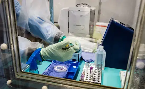 A medical technician tests blood samples during a training exercise. Image by Graham Harrison, Crown copyright. Media file: armyhq_2014_152_op_gritrock_019int.jpg