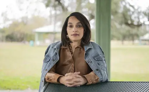 Dr. Lisa Morgan at Girard Park near where she is staying after her home in Lake Charles was damaged during back-to-back hurricanes in August and October. Image by Katie Sikora. United States, 2020.