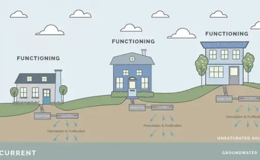 A properly functioning septic system has plenty of soil between the tank and the groundwater to ensure filtration. Image courtesy of UGA Carl Vinson Institute. A properly functioning septic system has plenty of soil between the tank and the groundwater to ensure filtration. Image courtesy of UGA Carl Vinson Institute.