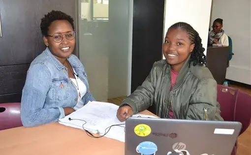 Marie Githinji, Director and Co-Founder at Akirachix, and Marline Khavene, an Akirachix student in Nairobi, Kenya. Image by Janelle Richards. Kenya, 2017.
