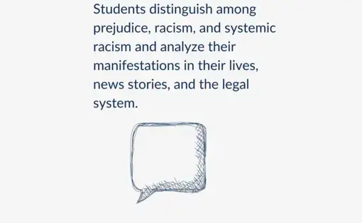 Students distinguish among prejudice, racism, and systemic racism and analyze their manifestations in their lives, news stories, and the legal system.