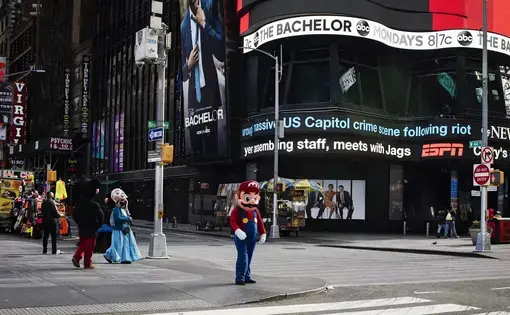 Street performers in empty Times Square