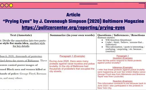 Teacher example of an article annotation assignment from the unit "Investigating Police Budgets" by Vincent Pham. United States, 2020.