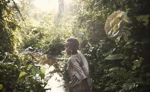 A boy from the Mbuti indigenous group on a hunting expedition in the Ituri rainforest of the Democratic Republic of Congo