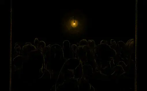 Illustration of people standing under light bulb