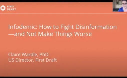 Screenshot from webinar of orange PowerPoint slide reading "Infodemic: How to Fight Disinformation—and Not Make Things Worse"