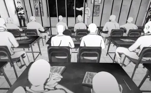 Illustration of men in a classroom inside a prison camp.