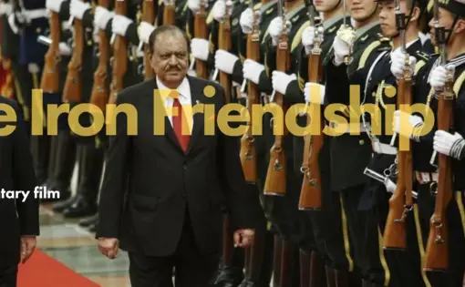 Leaders of China and Pakistan stand in front of a row of soldiers, with text "The Iron Friendship" overlayed