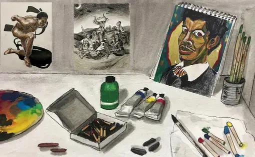 Illustration of paints, sketchbooks, and other art supplies on a desk.