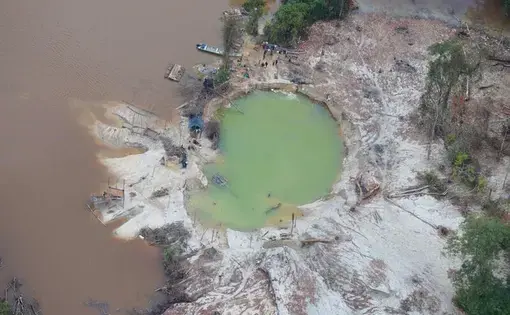 An aerial view of an illegal mine in Yanomami indigenous land in the Brazilian state of Roraima