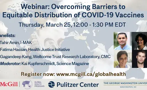 Promotional poster reading, Webinar: Overcoming Barriers to Equitable Distribution of COVID-19 Vaccines, with photos of panelists