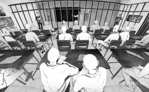 Black and white illustration from the back of a Xinjiang prison camp "classroom." We can see the backs of dozens of men sitting two to a desk. In front of them are cell bars. On the other side of the bars there are guards and a blackboard.