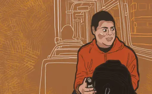 Illustration of Julien holding a backpack and riding the bus.