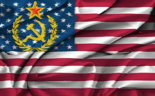 A Soviet Union symbol atop the American flag.