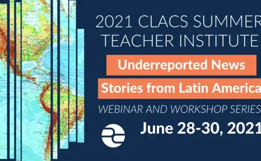 Graphic with the title and dates for the institute for teachers that includes a map of Latin America