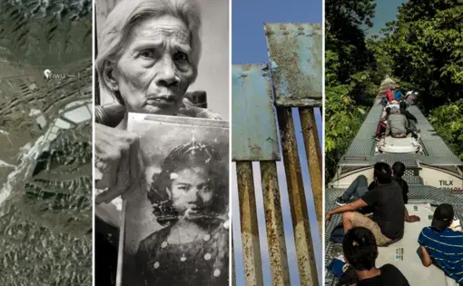A collage of images from the award-winning projects. (Digital map, woman holding a photograph, border wall, people sitting on top of a train car.)