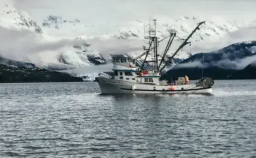 A fishing boat sits in the water and there are snowy mountains in the background.