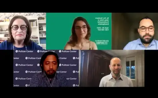 Five panelists speak in individual windows on Zoom.
