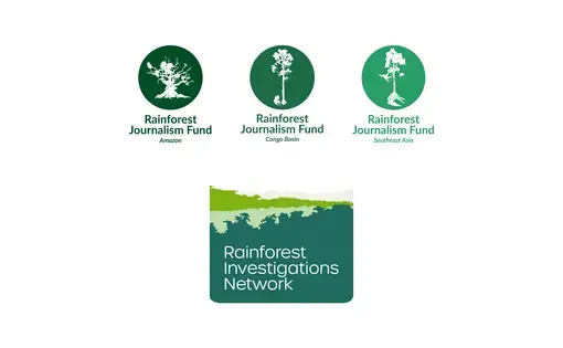 The logos of the Rainforest Investigations Network and the Rainforest Journalism Fund