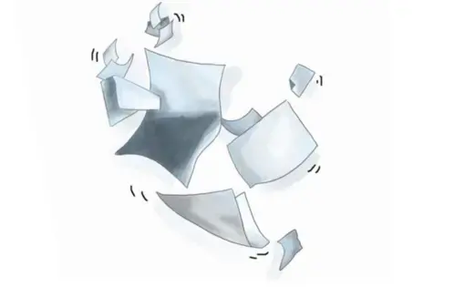 Illustration of many pieces of white paper being blown around by wind.