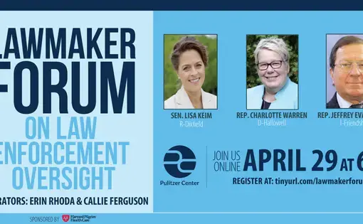 Promotional image for the event "Lawmaker Forum of Law Enforcement Oversight" with event information and photos of the lawmaker panelists.
