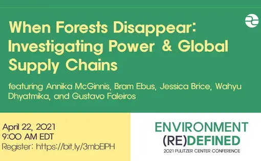 Text: When Forests Disappear: Investigating Power and Global Supply Chains. Featuring Annika McGinnis, Bram Ebus, Jessica Brice, and Wahyu Dhyatmika. April 22, 2021. 9:00 AM EDT. Envrionment (Re)Defined. 2021 Pulitzer Center Conference.