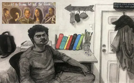 Illustration of Derek sitting at his desk.