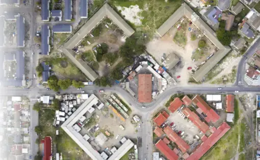 Aerial view of buildings.