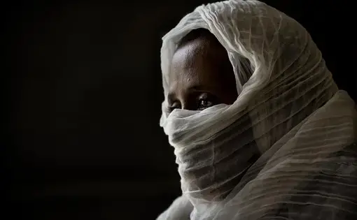 Portrait of a Tigray woman's face in profile. Her hair and the bottom half of her face is covered by a gauzy white scarf.