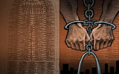 Illustrations of people imprisoned on a slave ship and hands in chains.