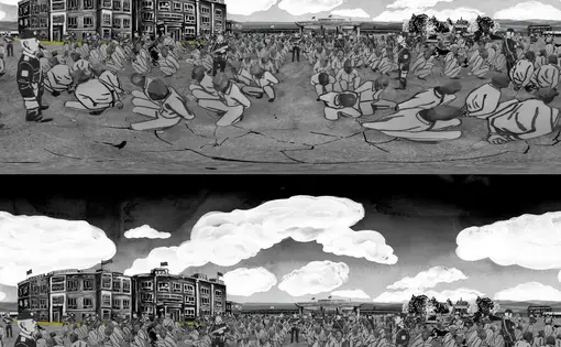 Black and white illustrations of prisoners in a yard.