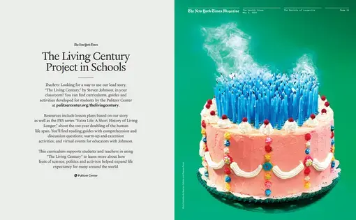 Image of a New York Times Magazine spread. On the left page is the title “The Living Century Project in Schools," followed by three paragraphs directing readers to the Pulitzer Center's related curriculum. On the right page is a round pink cake topped with dozens of blue candles that are emitting smoke, all against a green background.