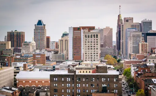View of buildings in downtown Baltimore, Maryland.