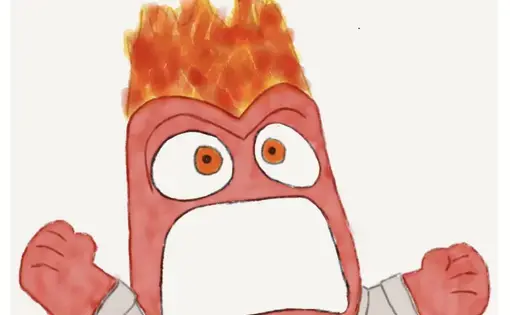 Image of red cartoon character looking angry with flames coming out of head. Red cartoon has mouth open yelling wearing a grey shirt and red tie.