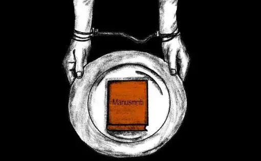 An incarcerated person's hands shown holding a plate with the Manusmriti book on it.