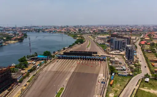 Aerial view of the Lekki Toll Gate and Lagos, Nigeria.