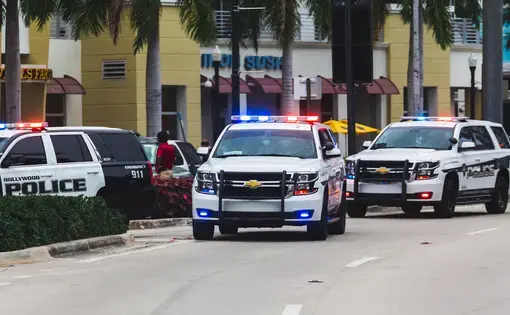 Police vehicles line up on a road.