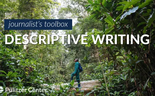Image of person standing in a forest. Text reading "journalist's toolbox: DESCRIPTIVE WRITING" is overlayed.