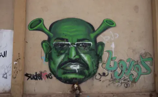 Photo of spray painted shrek on a wall.