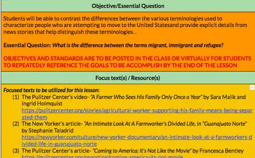 Screenshot of lesson plan document