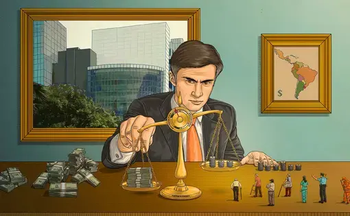 Drawing of man in a suit sitting at a table next to lots of money