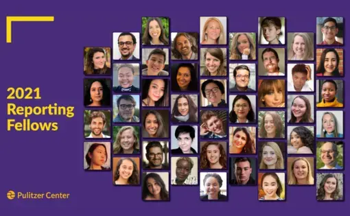 A grid of 48 headshots of college students on a purple background. Text: 2021 Reporting Fellows. Pulitzer Center.