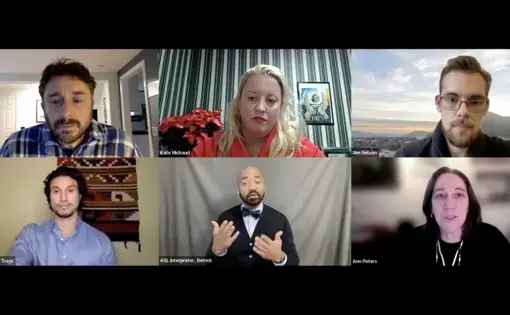 Screenshot of a webinar. Six speakers are on-screen in a grid.