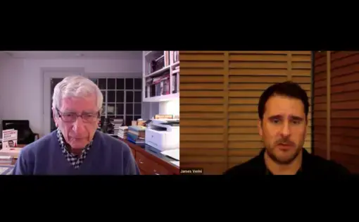 Screenshot of Marvin Kalb and James Verini in Zoom Webinar.