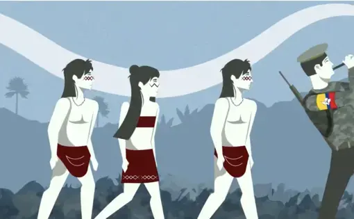 A soldier plays a flute and leads three people walking.