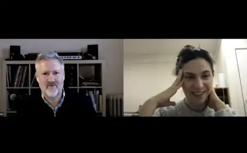 Steve Sapienza and Mariana Palau smile in a Zoom webinar.