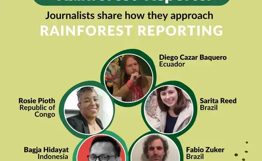 Five individual portraits of people. The title says Rainforest Reporter.